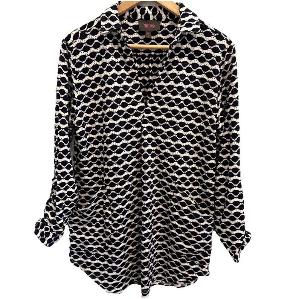 For Cynthia Beachwear Womens M  Cover Up Navy White Popover Tunic Swim Beach